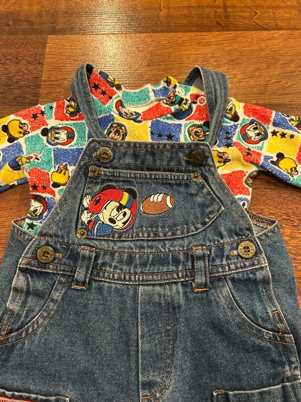 VTG Disney Babies Mickey Mouse Football Overalls and Shirt Size 6/9 Months